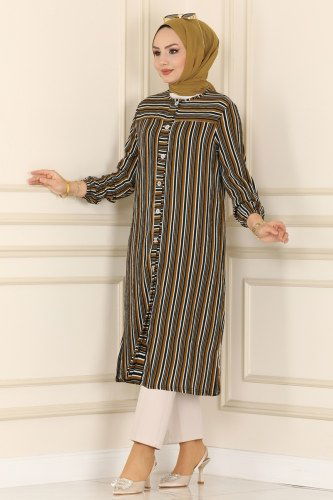moda selvim 1015MRT754 كبريتي بلوز طويل - Thumbnail