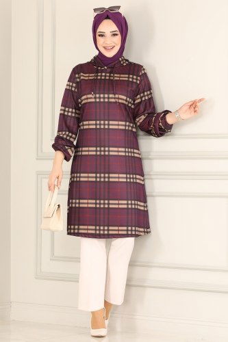 moda selvim 1015PM271 بنفسجي بلوز طويل - Thumbnail
