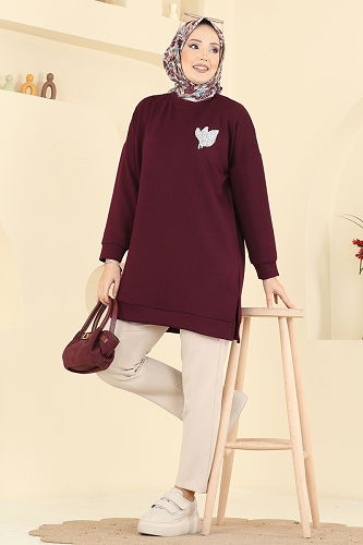 moda selvim Tunic 1018ETT926 Burgundy - Thumbnail