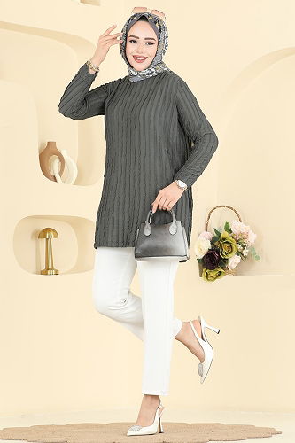 moda selvim بلوز رمادي غامق 133OZN1046 - Thumbnail