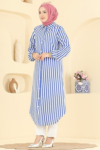 moda selvim بلوز نيلي 141NZRK1200 - Thumbnail