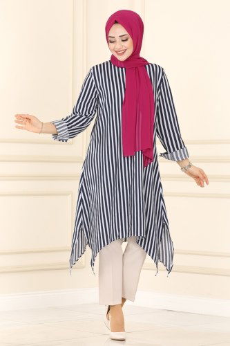 moda selvim Tunic 1520NWS799 Navy Blue&Ecru - Thumbnail