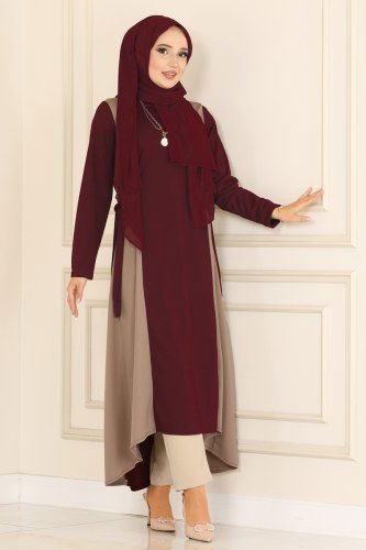 moda selvim 1536UKB139 لون الخمري مع الفيزيون بلوز طويل - Thumbnail