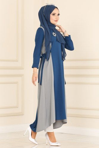 moda selvim 1536UKB139 الأزرق والفضي بلوز طويل - Thumbnail
