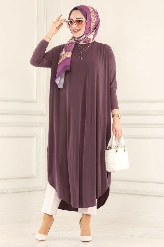 moda selvim 1735-1AF356 ليلكي غامق بلوز طويل - Thumbnail