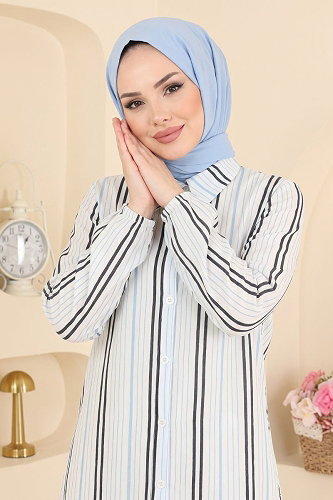 moda selvim بلوز أزرق فاتح &كحلي 196NZRK1200 - Thumbnail