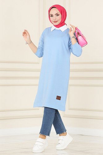 moda selvim 1983SBL832 سماوي فاتح بلوز طويل - Thumbnail