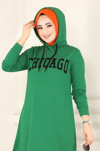 moda selvim 2003YNS793 اللون الأخضر بلوز طويل - Thumbnail