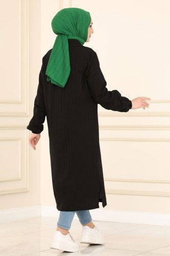 moda selvim 2021KTR750 اسود بلوز طويل - Thumbnail