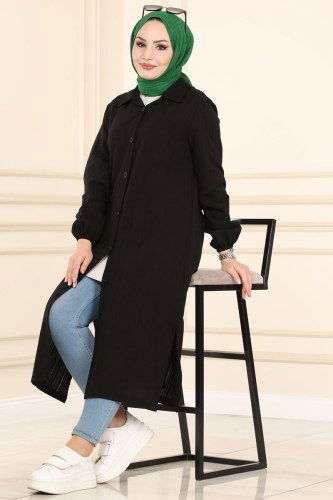 moda selvim 2021KTR750 اسود بلوز طويل - Thumbnail