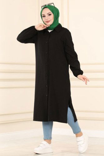 moda selvim 2021KTR750 اسود بلوز طويل - Thumbnail