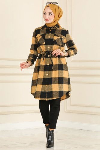 moda selvim 2041KTR750 خردلي بلوز طويل - Thumbnail