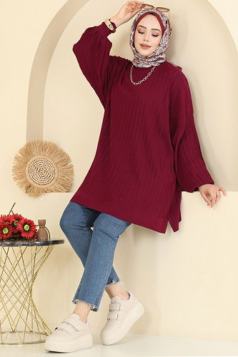 moda selvim Tunic 2199UZ662 Burgundy - Thumbnail
