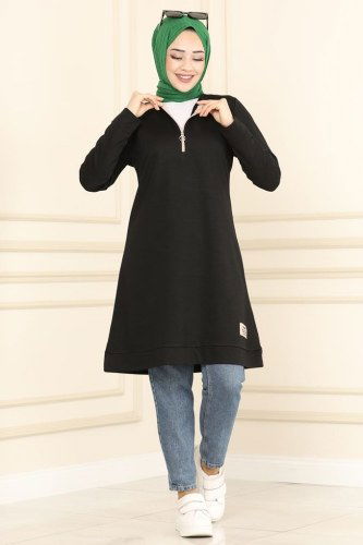 moda selvim 2222ASY563 اسود بلوز طويل - Thumbnail