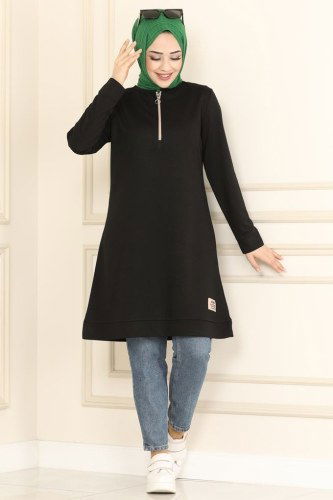 moda selvim 2222ASY563 اسود بلوز طويل - Thumbnail