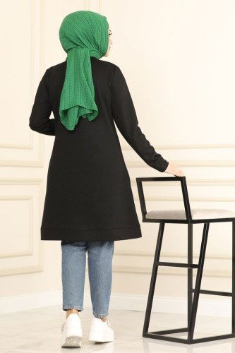 moda selvim 2222ASY563 اسود بلوز طويل - Thumbnail