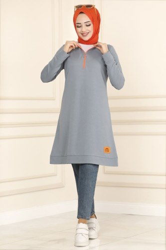 moda selvim 2222ASY563 الفضي بلوز طويل - Thumbnail