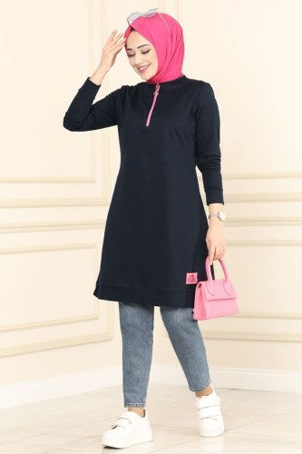 moda selvim 2222ASY563 كحلي بلوز طويل - Thumbnail