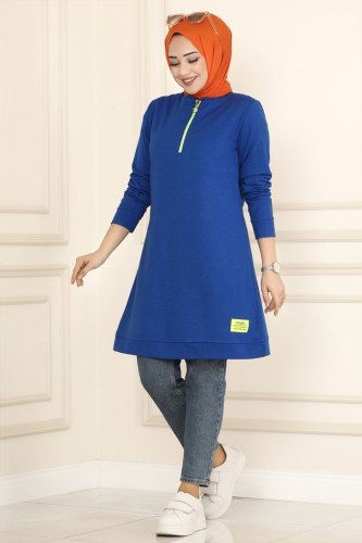 moda selvim 2222ASY563 ازرق بلوز طويل - Thumbnail