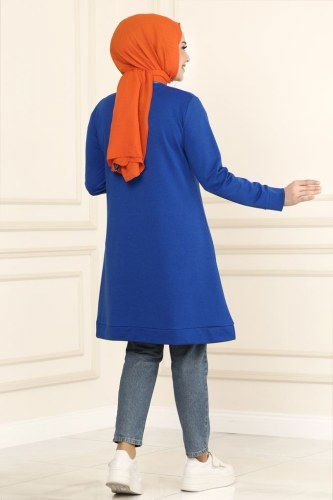 moda selvim 2222ASY563 ازرق بلوز طويل - Thumbnail