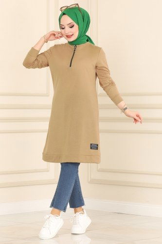 moda selvim 2222ASY563 لون فيزيون مع أسود بلوز طويل - Thumbnail