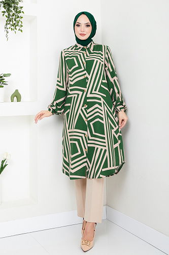 moda selvim بلوز زيتي وبيج 2354BGS895-M - Thumbnail