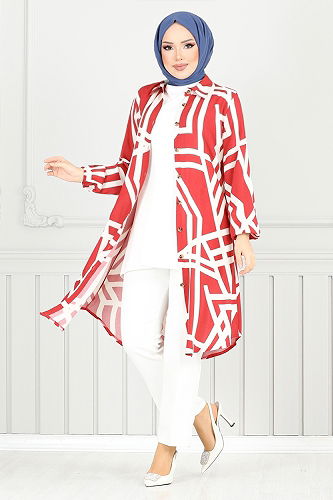 moda selvim Tunic 2354BGS895-M Red&Ecru - Thumbnail