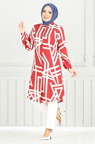 moda selvim Tunic 2354BGS895-M Red&Ecru - Thumbnail