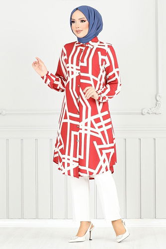 moda selvim Tunic 2354BGS895-M Red&Ecru - Thumbnail