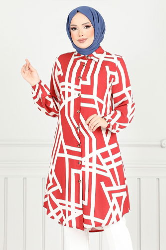 moda selvim Tunic 2354BGS895-M Red&Ecru - Thumbnail