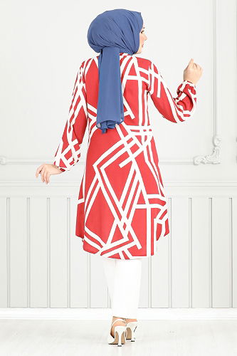 moda selvim Tunic 2354BGS895-M Red&Ecru - Thumbnail