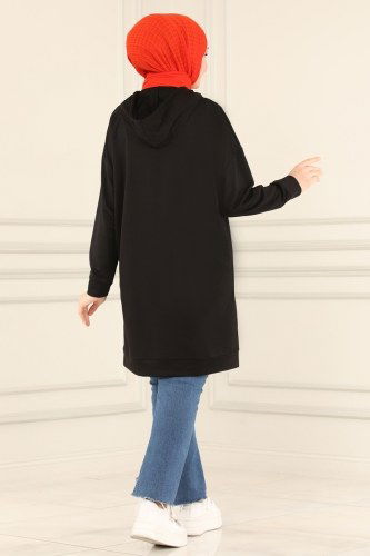 moda selvim 2371ZFN796 اسود بلوز طويل - Thumbnail