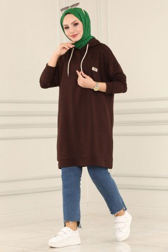 moda selvim 2371ZFN796 البني بلوز طويل - Thumbnail