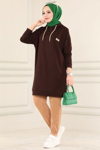 moda selvim 2371ZFN796 البني بلوز طويل - Thumbnail