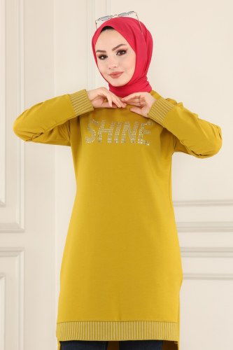 moda selvim 2432SL432 لون زيتوني بلوز طويل - Thumbnail