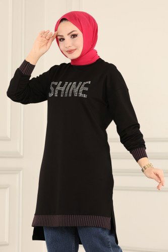 moda selvim 2432SL432 اسود بلوز طويل - Thumbnail
