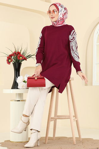 moda selvim Tunic 2494UZ662 Burgundy - Thumbnail