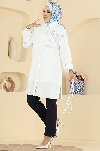 moda selvim Tunic 2924SLK540 Ecru - Thumbnail