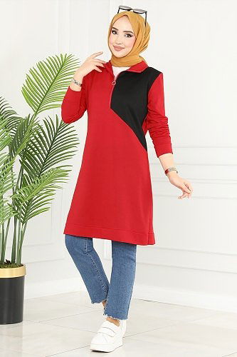 moda selvim 3000ASY563 الأحمر بلوز طويل - Thumbnail