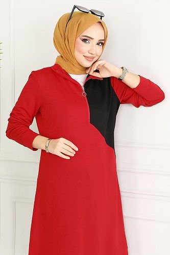 moda selvim 3000ASY563 الأحمر بلوز طويل - Thumbnail