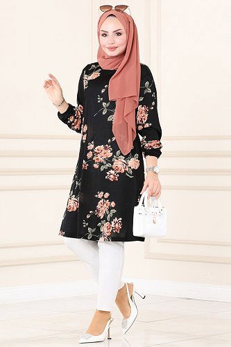 moda selvim 3002MNT741 نمط الورد بلوز طويل - Thumbnail