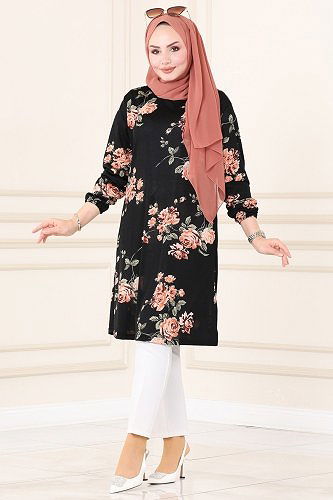 moda selvim 3002MNT741 نمط الورد بلوز طويل - Thumbnail