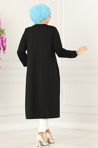 moda selvim 3030MNT741 اسود بلوز طويل - Thumbnail