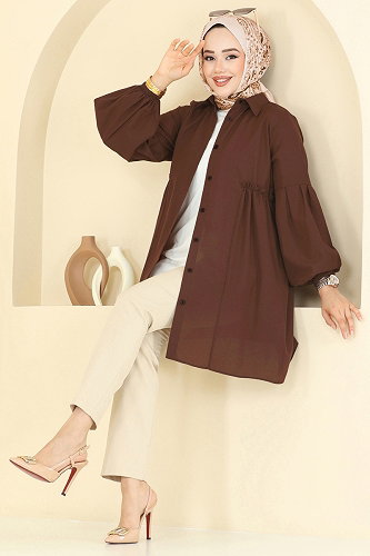 moda selvim بلوز بني غامق 3055KTR750 - Thumbnail