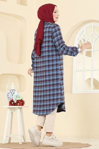 moda selvim Tunic 3068KTR750 Burgundy & Blue - Thumbnail