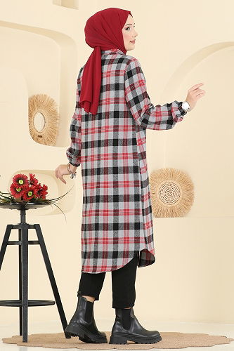 moda selvim بلوز أحمر ورمادي 3068KTR750 - Thumbnail