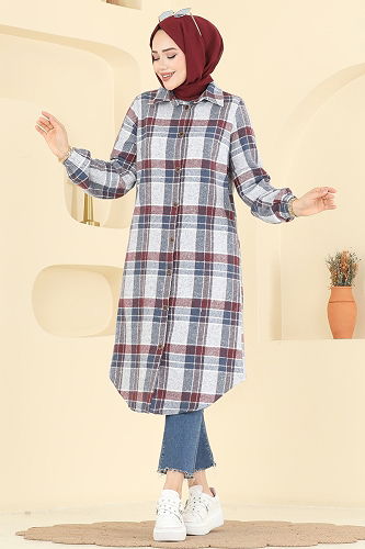 moda selvim Tunic 3070KTR750 Burgundy & Blue - Thumbnail