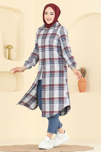 moda selvim Tunic 3070KTR750 Burgundy & Blue - Thumbnail