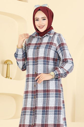 moda selvim Tunic 3070KTR750 Burgundy & Blue - Thumbnail