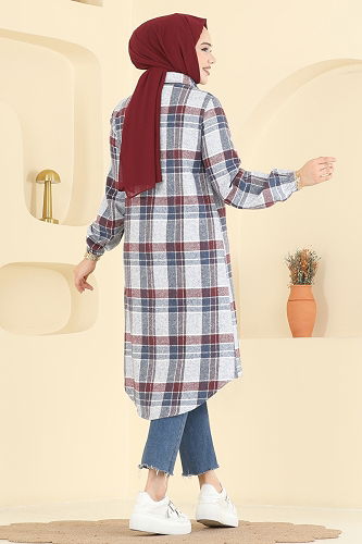 moda selvim Tunic 3070KTR750 Burgundy & Blue - Thumbnail